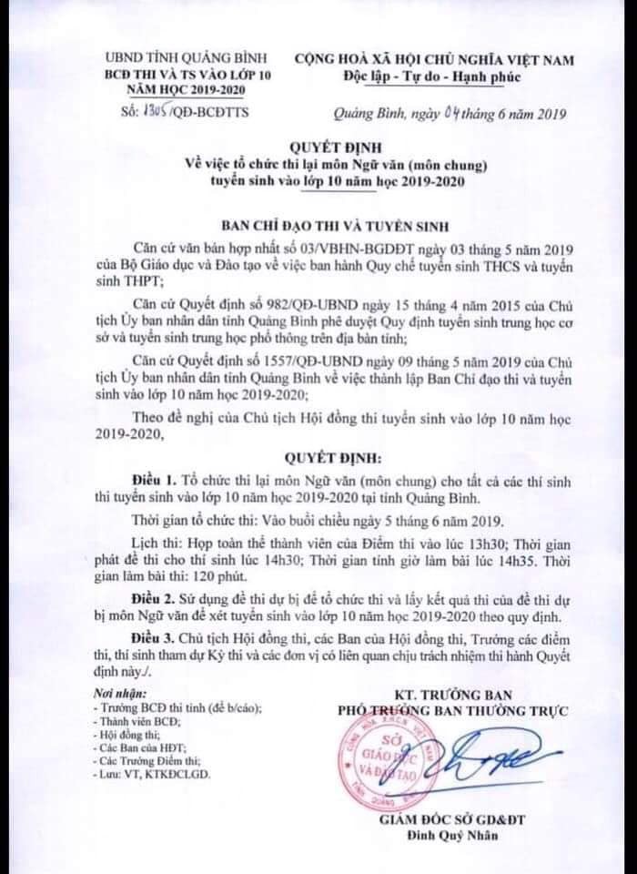 6.400 học sinh Quảng Bình phải đi thi lại môn Ngữ Văn vào lớp 10 vì giám thị ký nhầm ô 24 bài thi-1