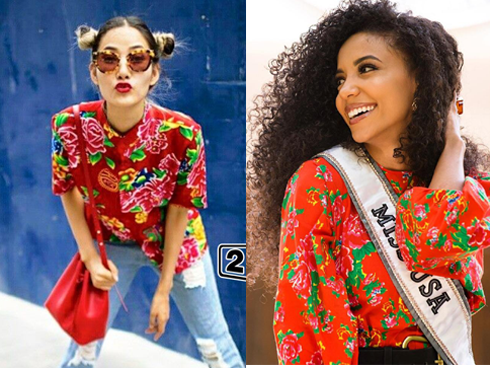 Cuộc chiến váy áo cực gắt của Hoàng Thùy và đối thủ Miss Universe 2019 khi cùng khoác 'chăn con công'