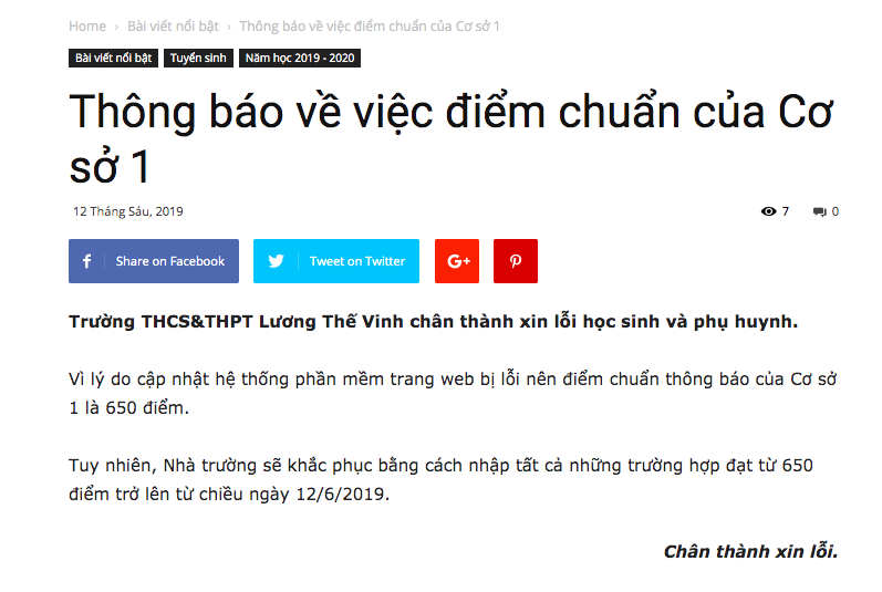 Trường Lương Thế Vinh xin lỗi vì trang web bị lỗi, nhầm điểm chuẩn từ 650 thành 670 khiến học sinh khóc ròng-1