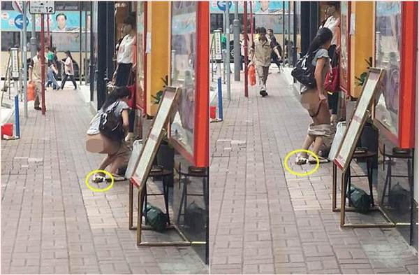 Người phụ nữ cởi quần phóng uế trên vỉa hè giữa ban ngày, xong việc hồn nhiên bỏ đi-1