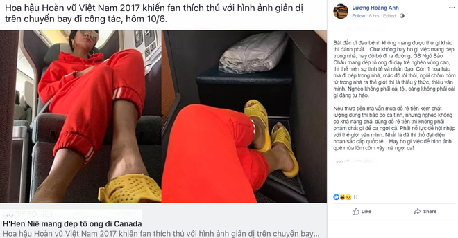 Sau khi mắng HHen Niê quê mùa lôm côm, vợ cũ Huy Khánh tiếp tục yêu cầu Hoa hậu Hoàn vũ phải tự trọng hơn vì đi dép tổ ong-1