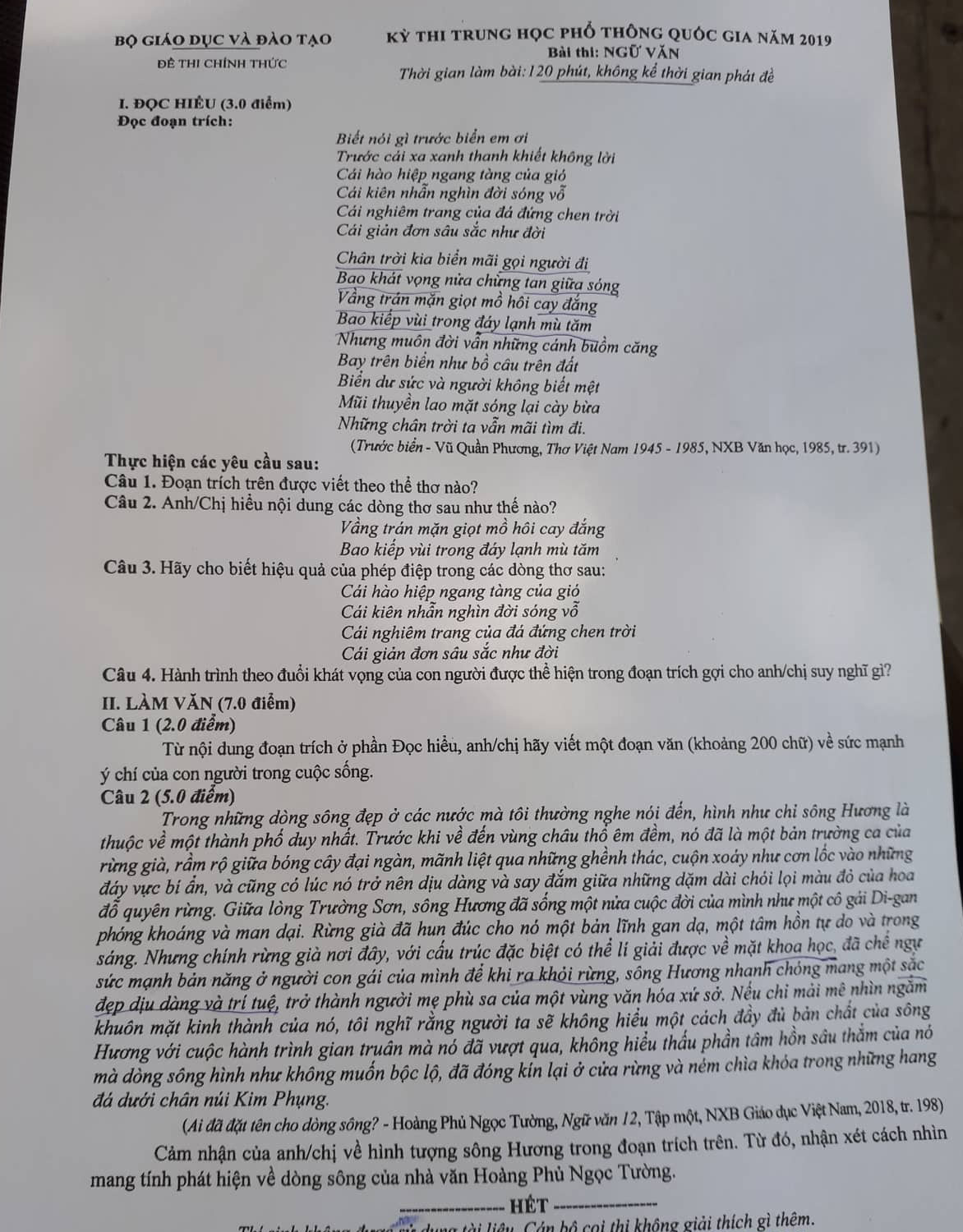 Đề thi môn ngữ văn THPT quốc gia 2019 chính thức của Bộ GD-ĐT-1
