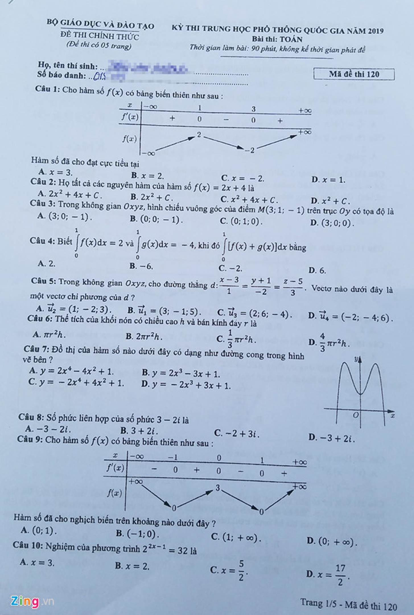 Đáp án tham khảo mã đề 120 môn Toán thi THPT quốc gia 2019-2