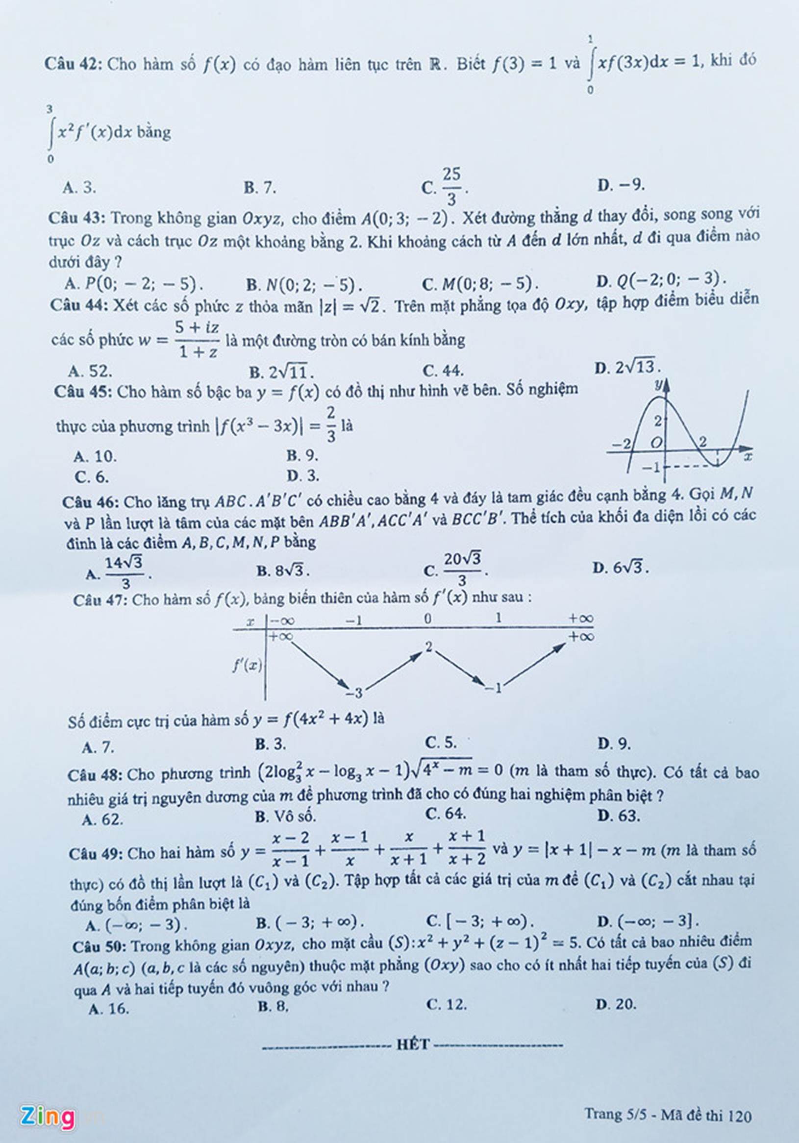 Đáp án tham khảo mã đề 120 môn Toán thi THPT quốc gia 2019-6