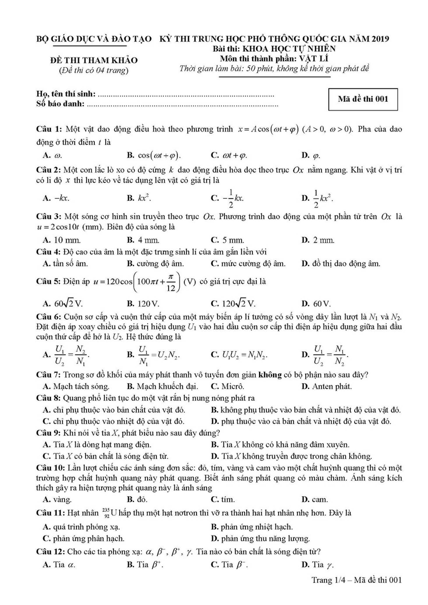 Đề thi THPT Quốc gia 2019 môn Vật Lý-1