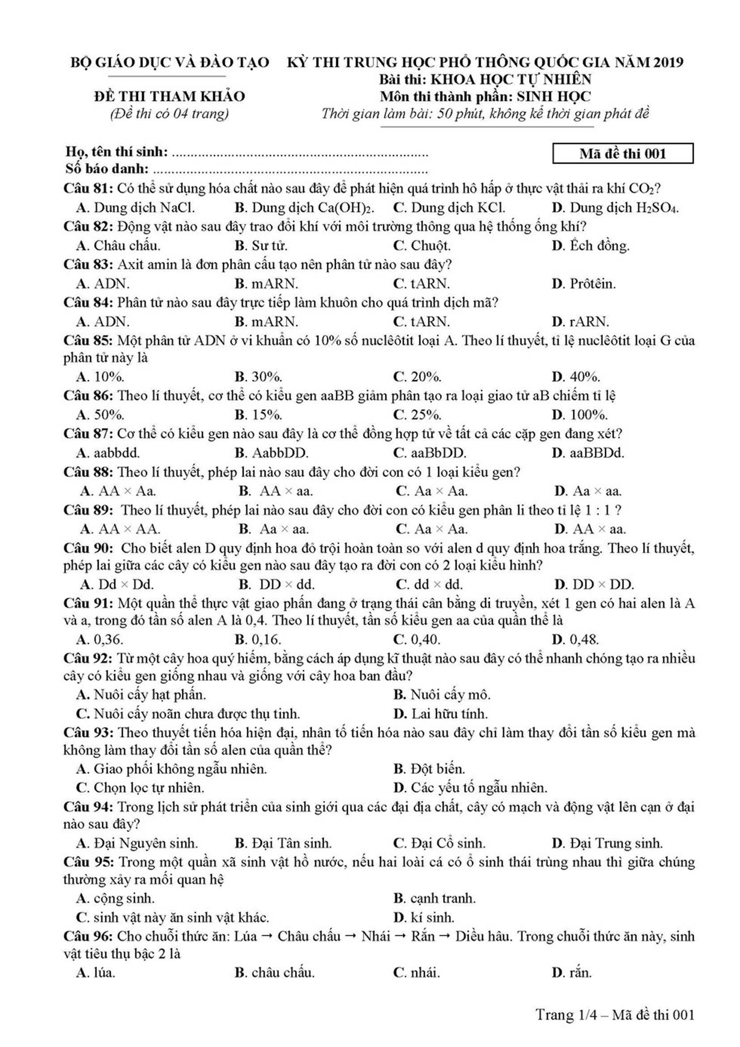 Đề thi môn Sinh học THPT quốc gia 2019-1
