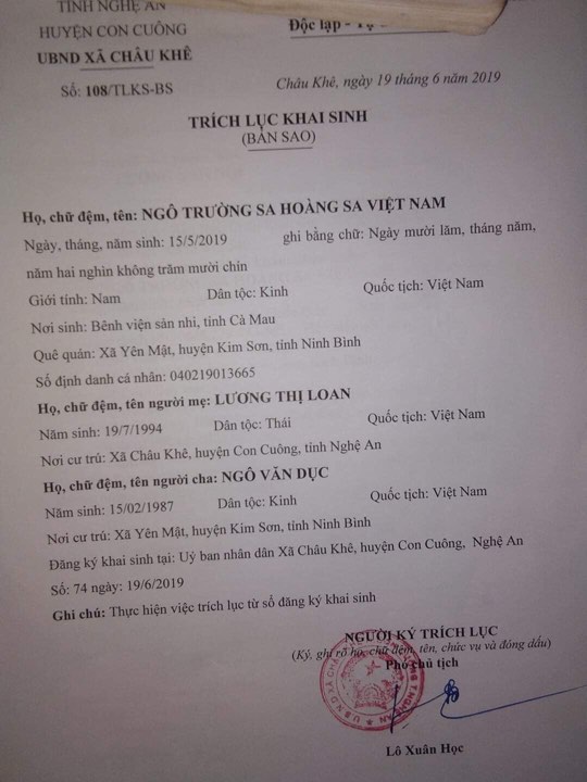 Xôn xao cặp vợ chồng xứ Nghệ đặt tên con là Trường Sa Hoàng Sa Việt Nam-1