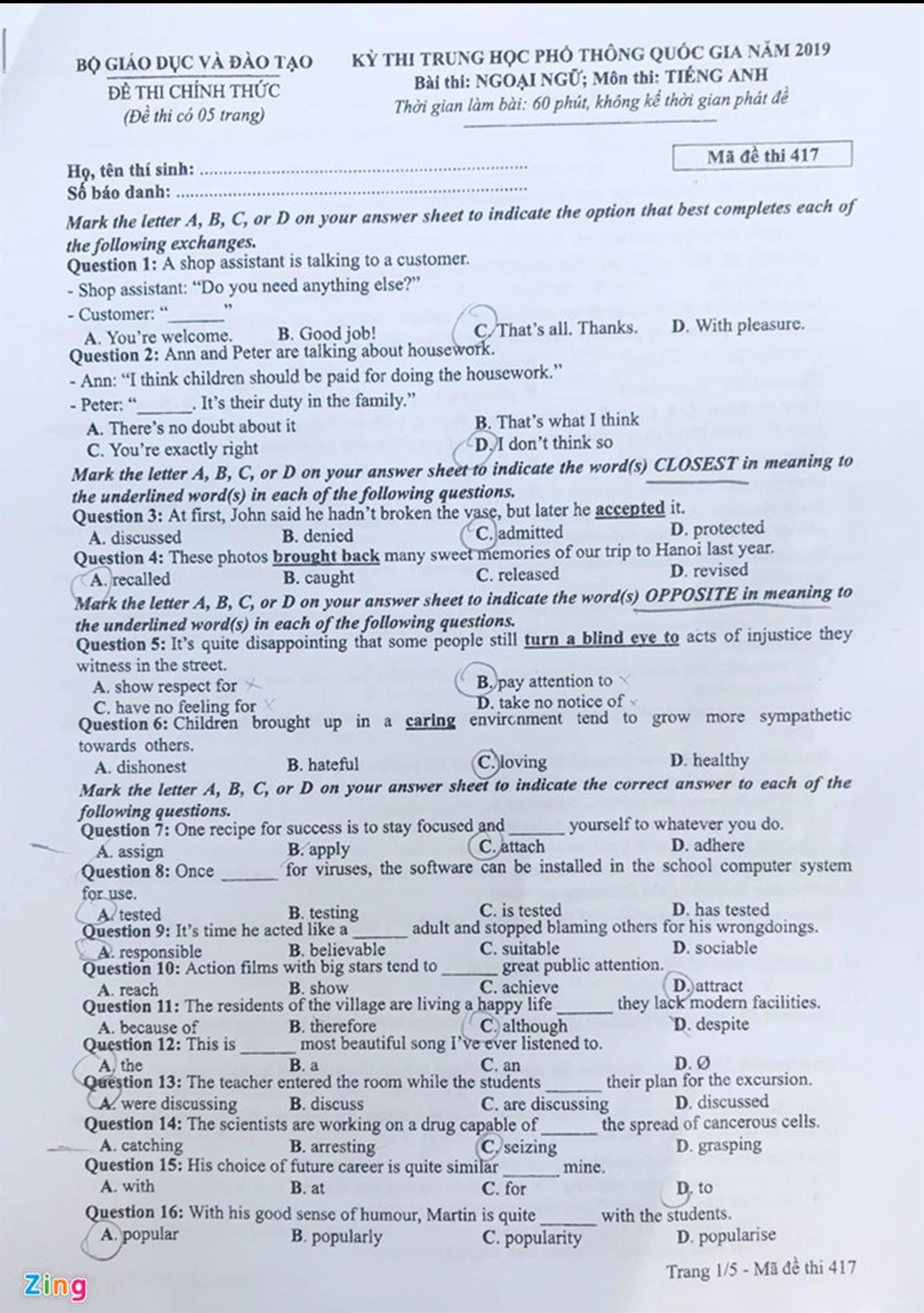 Đề thi môn Tiếng Anh THPT quốc gia 2019: Dễ bất ngờ, thí sinh nào cũng tự tin trên 7, 8 điểm!-6