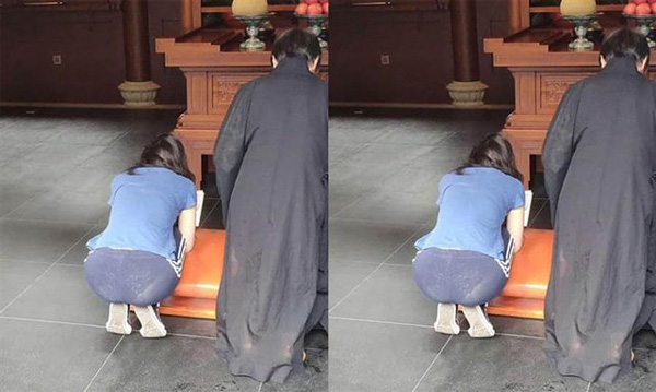 Mặc quần mỏng dính đi chùa, người phụ nữ để lộ mồn một nội y vô cùng phản cảm-1