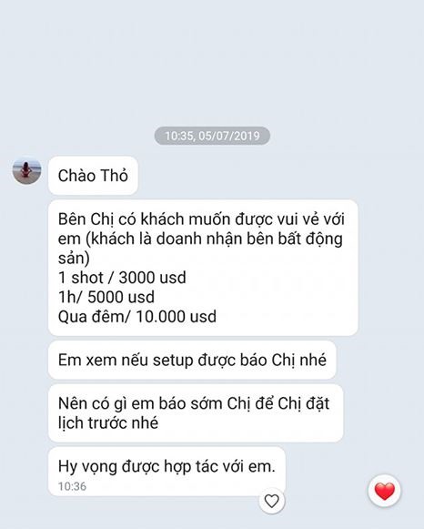 Hot girl Mai Thỏ công khai tin nhắn bị gạ đi khách 1 shot hơn 60 triệu đồng, qua đêm tận 10.000 USD-2