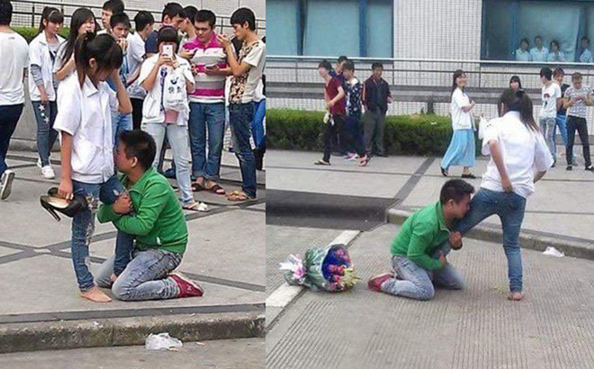 Chàng trai quỳ gối, ôm chân cô gái không chịu rời, bó hoa bị vứt sang một bên-1