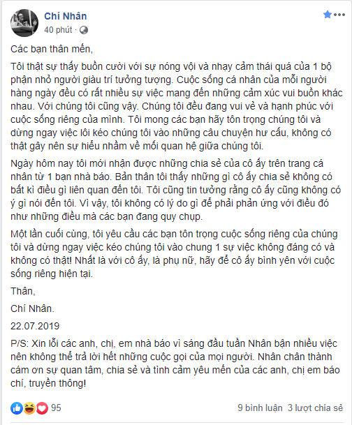 Chí Nhân lên tiếng sau nghi vấn đá đểu Thu Quỳnh, phủ nhận mọi chuyện dù vừa xóa status chưa lâu-1