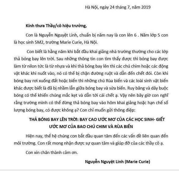 Dậy sóng bức thư bé lớp 5 gửi 40 trường học đề nghị không thả bóng bay ngày khai giảng-2