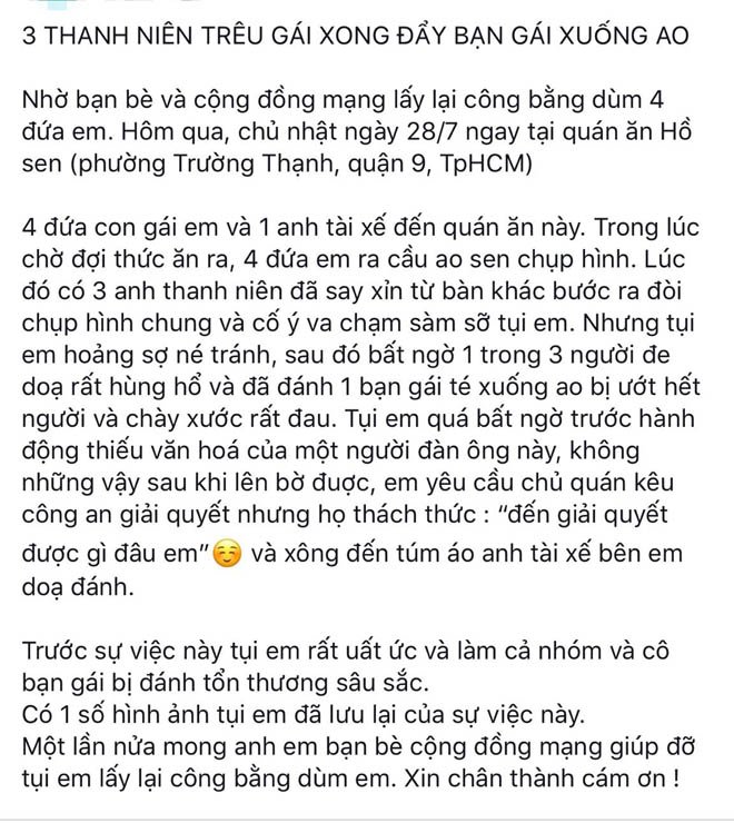 Thực hư thông tin nhóm thanh niên bị tố trêu gái xong còn đẩy nạn nhân xuống ao-1