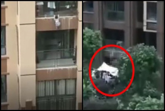 Thót tim khoảnh khắc bé trai cheo leo ngoài ban công tầng 6, trượt tay ngã xuống dưới-2