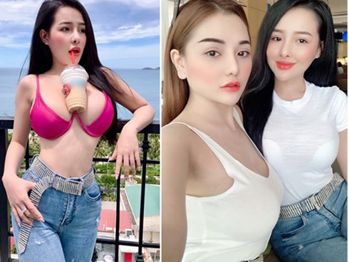 Cùng lộ nội y khi diện đồ đôi nhưng Ngân 98 lại chơi trội hơn Mon 2K bằng chiêu dùng ngực đỡ trà sữa