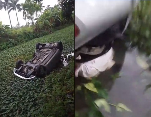 Hoảng hốt phát hiện một thi thể nam giới trong ô tô 4 chỗ bị lật ngửa dưới sông-1