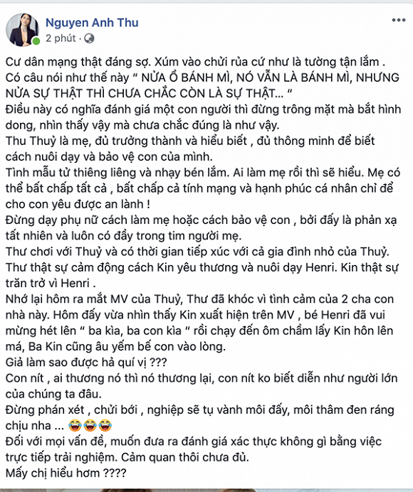 Anh Thư bênh Thu Thuỷ, khẳng định tình cảm Kin Nguyễn dành cho bé Henry là sự thật: Đừng phán xét, chửi bới, nghiệp sẽ tụ vành môi đấy-1