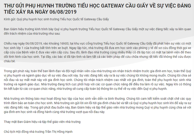 Khởi tố vụ học sinh lớp 1 bị bỏ quên trên xe đưa đón của trường, công an khẳng định bé tử vong trước khi tới bệnh viện-2