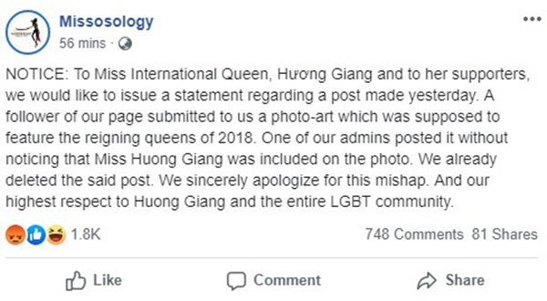 Chuyên trang nổi tiếng Missosology gửi lời xin lỗi chính thức tới Hương Giang idol sau khi có hành vi thiếu tôn trọng vì bức ảnh che mất nửa mặt-1