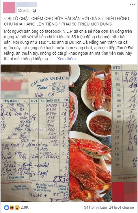 Nhà hàng ở Đà Nẵng cắt cổ khách với hóa đơn hải sản 85 triệu, khách kêu la liền bị bắt bẻ phải 90 triệu mới đúng, vì thiếu 4 triệu tiền cua-1