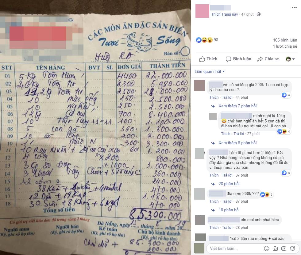 Nhà hàng ở Đà Nẵng cắt cổ khách với hóa đơn hải sản 85 triệu, khách kêu la liền bị bắt bẻ phải 90 triệu mới đúng, vì thiếu 4 triệu tiền cua-5