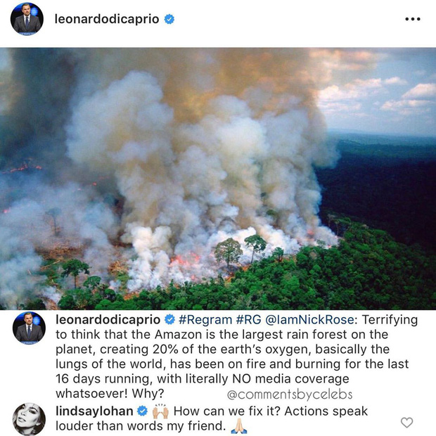Kêu gọi sự quan tâm về cháy rừng Amazon nhưng bị Lindsay Lohan hỏi khó, Leonardo DiCaprio đáp trả ngay bằng bài viết 2 triệu like-1