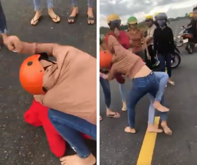 Hai cô gái đánh nhau như phim ngay giữa đường, bạn bè đứng ngoài hò reo, cổ vũ?-4