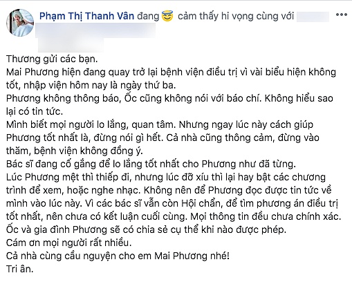 Ốc Thanh Vân thông báo sức khoẻ của Mai Phương: Lúc mệt thì thiếp đi”-2