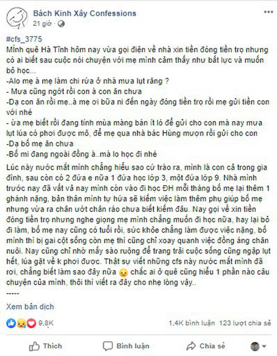 Tâm sự xót xa của tân sinh viên Hà Tĩnh: Ở quê bị lũ, gọi về xin tiền trọ nhưng sau cuộc gọi cảm thấy bất lực đến mức muốn bỏ học!-1