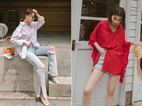 Mấy nàng sành điệu lại phát minh thêm một kiểu diện áo sơ mi: Mở toang vài cúc dưới để trông thật “ăn chơi”