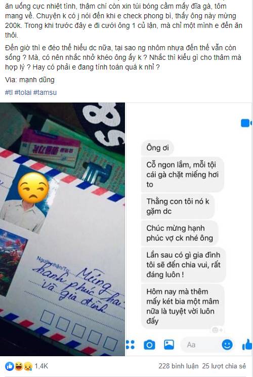 Chuyện phong bì: Lúc bạn cưới tôi mừng 1 triệu, lúc tôi cưới bạn gửi có 200k, còn dắt theo 3 người lấy cả mâm cỗ mang về!-1