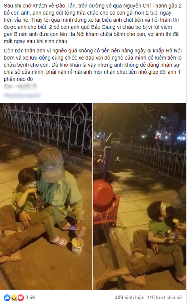 Hình ảnh người đàn ông lấm lem ngồi bên vỉa hè đút cháo cho con nhỏ và câu chuyện không thể ngờ phía sau-1