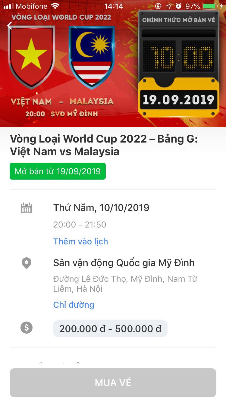 Hướng dẫn chi tiết cách mua vé online trận ĐT Việt Nam vs Malaysia từ 10h sáng mai-3
