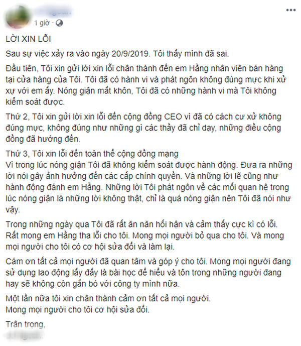 Xôn xao bức tâm thư xin lỗi của chủ shop giày có hành động đánh đập, đe dọa gọi giang hồ khi nữ sinh đến đòi tiền làm thêm-1