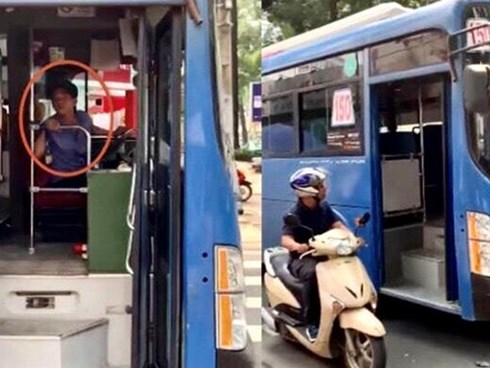 Xe buýt liên tục bấm còi ép sát lề, ngăn không cho xe máy vượt