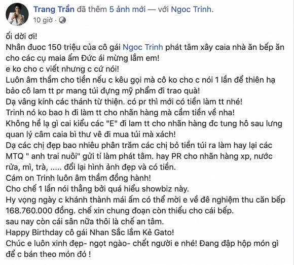 Trang Trần kể chuyện Ngọc Trinh làm từ thiện nhưng lại vỗ mặt cả showbiz-1