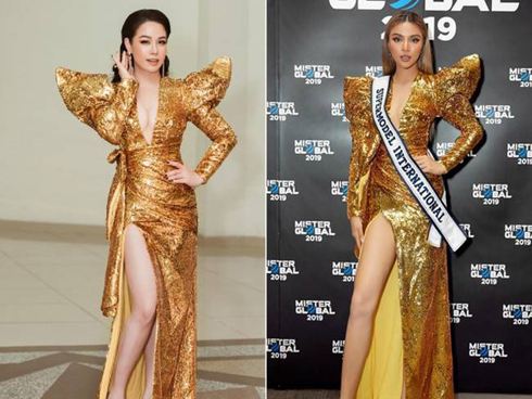 Kém 12cm chiều cao, Nhật Kim Anh cũng chẳng kém đẹp so với Siêu mẫu quốc tế Khả Trang khi cùng diện đầm lộng lẫy