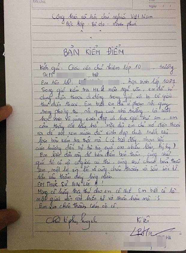 Dùng điện thoại trong lớp nhưng bị bắt gặp, nữ sinh viết một câu trong bản kiểm điểm khiến cô giáo khó tính cũng phải bỏ qua-1