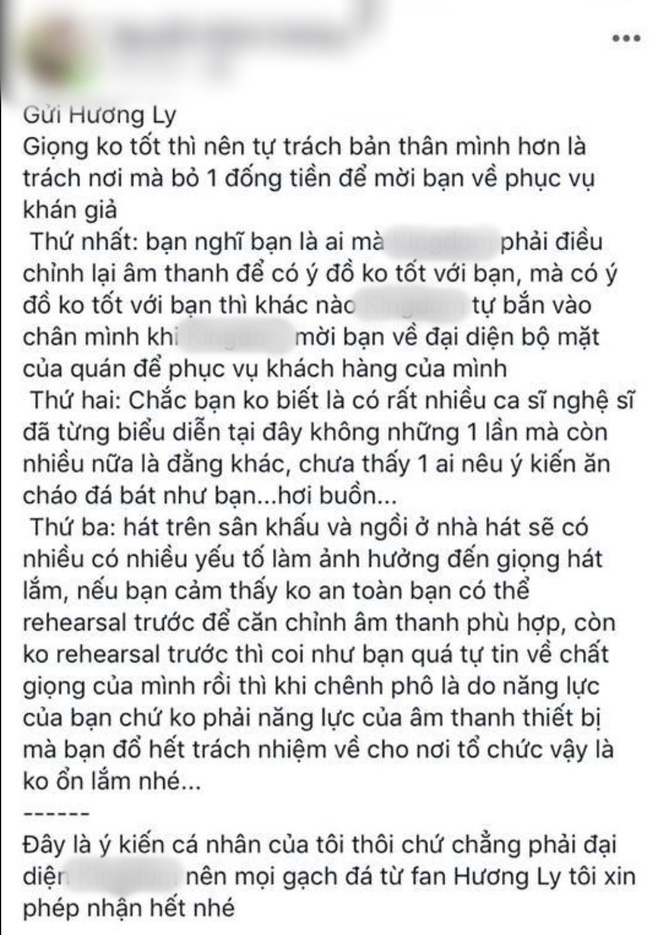 Bị tố hát live dở, Hương Ly đáp do âm thanh kém liền bị quản lý quán bar mắng ngược ăn cháo đá bát-2