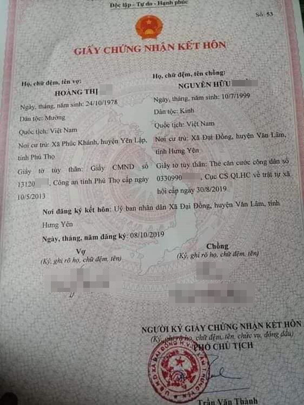 Xôn xao hình ảnh tờ giấy chứng nhận kết hôn của cô dâu 42 và chú rể 20 tuổi ở Hưng Yên-1