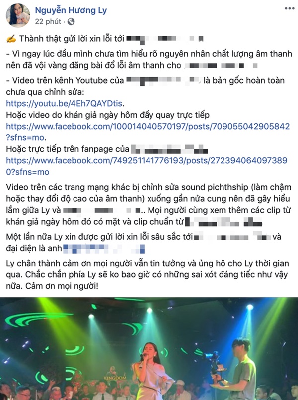 Hương Ly lên tiếng xin lỗi sau khi bị quản lý quán bar tố ăn cháo đá bát nhưng vẫn khẳng định video hát live của mình đã bị chỉnh sửa-1