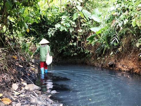Dòng suối gần nhà máy nước sông Đà vẫn đen kịt sau 1 tuần bị đổ dầu