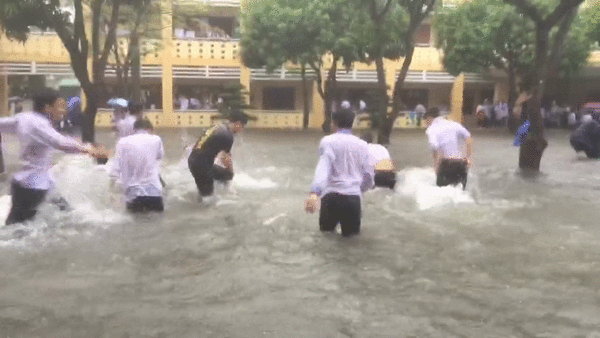 Đi học mùa mưa lũ, học sinh Nghệ An bơi lội thỏa thích giữa sân trường-2