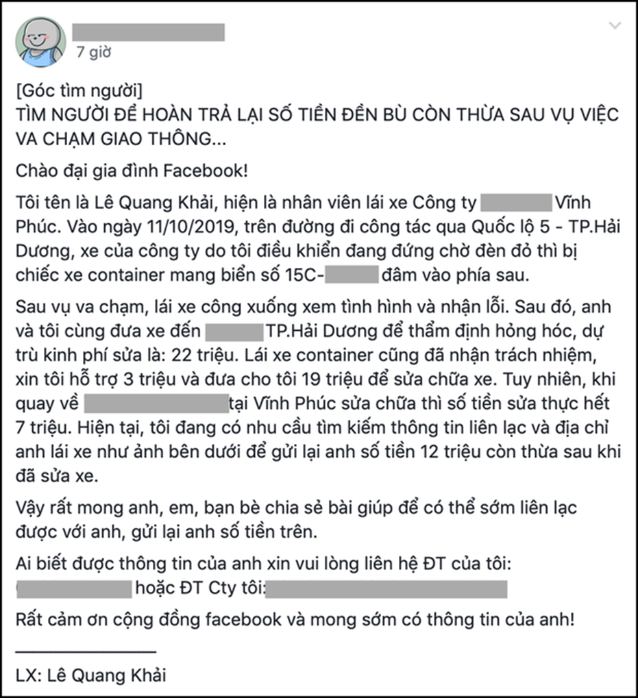 Câu chuyện ấm lòng: Được đền 19 triệu sau va chạm giao thông nhưng chỉ sửa xe hết 7 triệu, tài xế ô tô đem trả lại tiền thừa-1