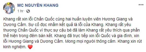 Nguyên Khang một lần nữa lên tiếng sau khi bị chỉ trích làm tổn thương trẻ nhỏ ở Giọng hát Việt nhí 2019-2