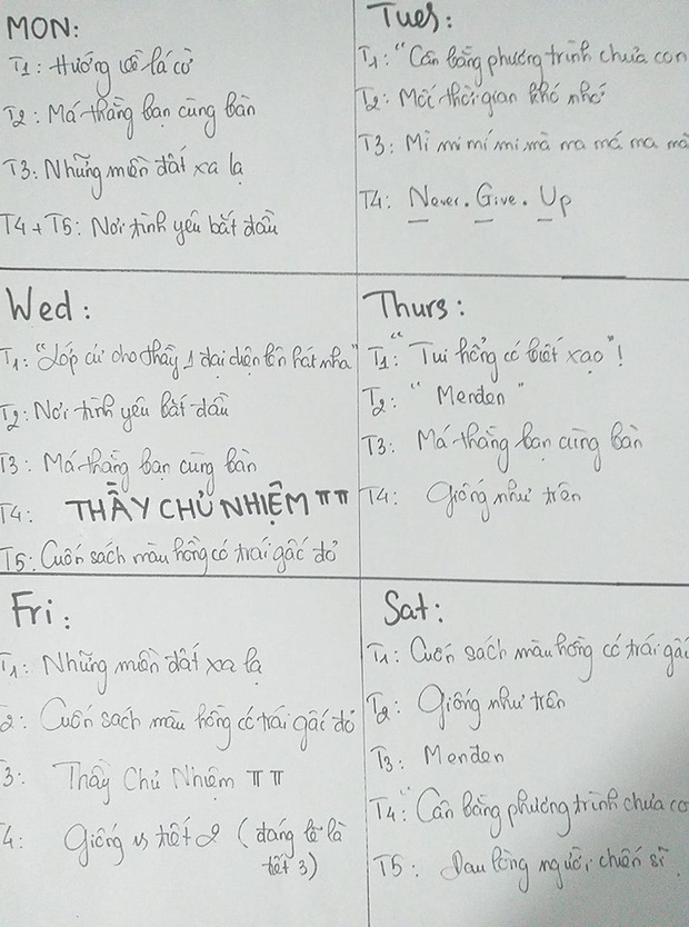 Những cách ghi thời khóa biểu hại não của học sinh: Cái sương sương phân theo cấp độ nguy hiểm của môn học, cái gây tò mò bởi những ký tự ví von-3