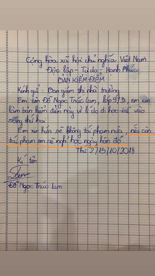 Học sinh cấp 2 viết bản kiểm điểm vì đi học muộn, đọc đến lời cam kết, dân mạng cười ngặt nghẽo vì vừa ngây ngô, vừa lầy lội khó đỡ-1