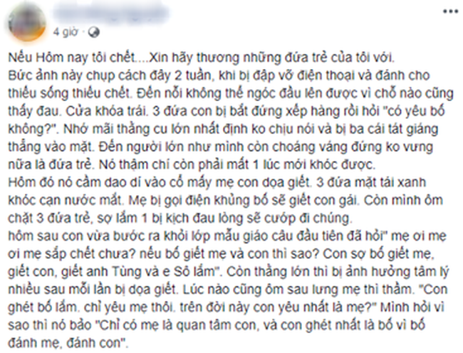 Mẹ trẻ cùng 3 con nhỏ cầu cứu cộng đồng mạng vì bị chồng bạo hành dã man, cầm dao dọa giết gây ám ảnh tâm lý nặng nề-1