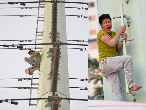 Nam thanh niên cố thủ trên cột điện cao thế